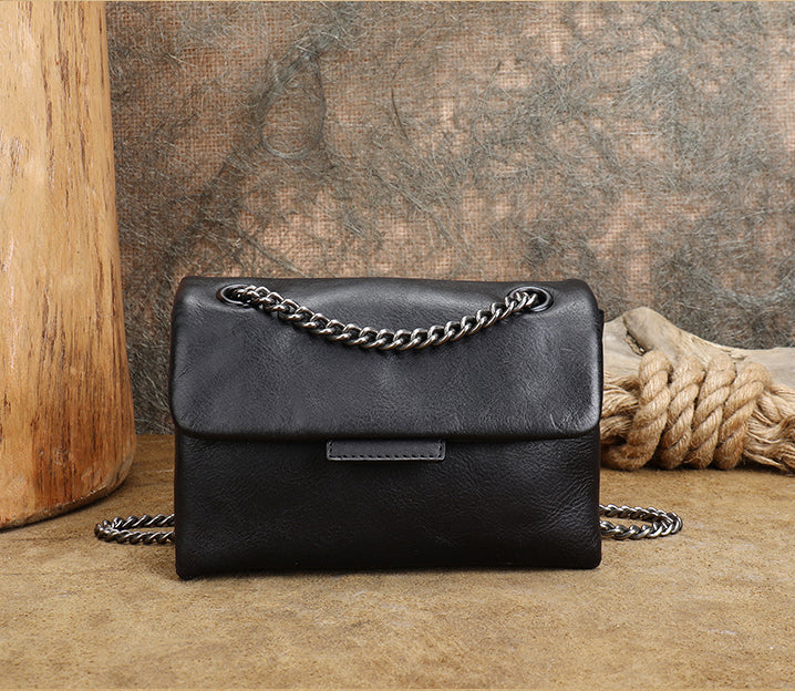 Womens Leather Crossbody Purse with Chain Strap Black Leather Shoulder Bag, Black